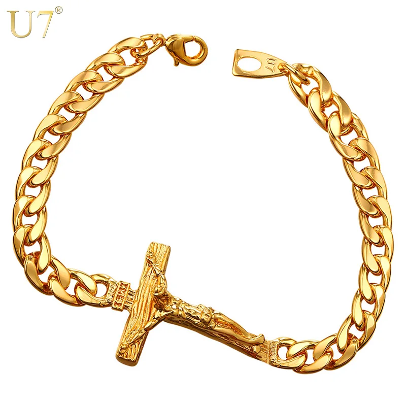 

U7 Cross Bracelet Men Jewelry silver/Gold Color 21CM INRI Crucifix Jesus Piece Cuban Link Hand Chain Bangle Christmas Gift H894