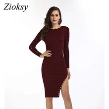 Zioksy 2017 осень-зима трикотажные Bodycon платье Для женщин элегантные вечерние с круглым вырезом с длинным рукавом по колено с боковыми Sheath Dress