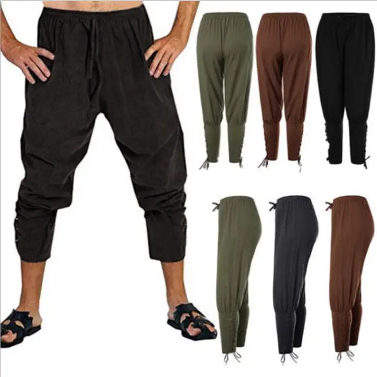 

Men Halloween Medieval Renaissance Pirate Horseman Cosplay Costume Loose Pants Viking Black Brown Navigator Leg Bandage Trouser