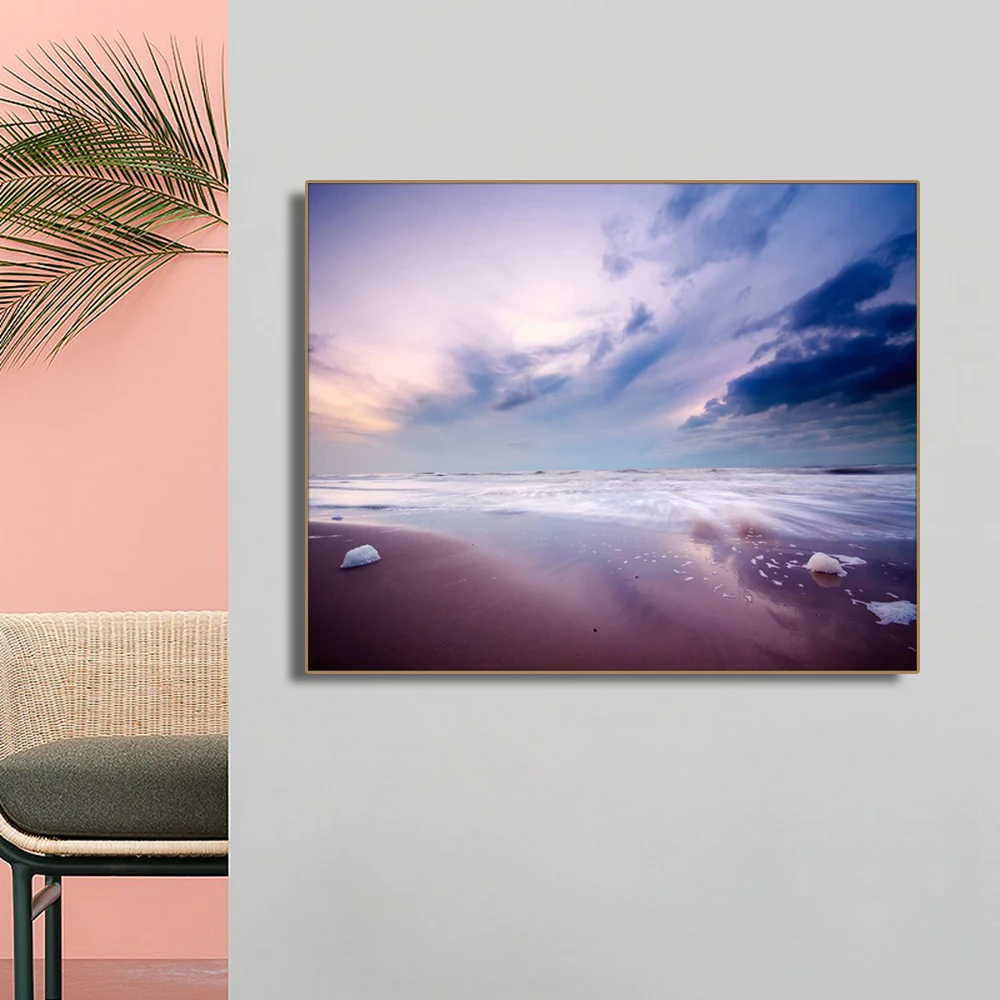 

Purple Cloudy Seascape Beach Wall Art Poster Print Canvas Painting Calligraphy Decorative Picture for Living Room Home Decor