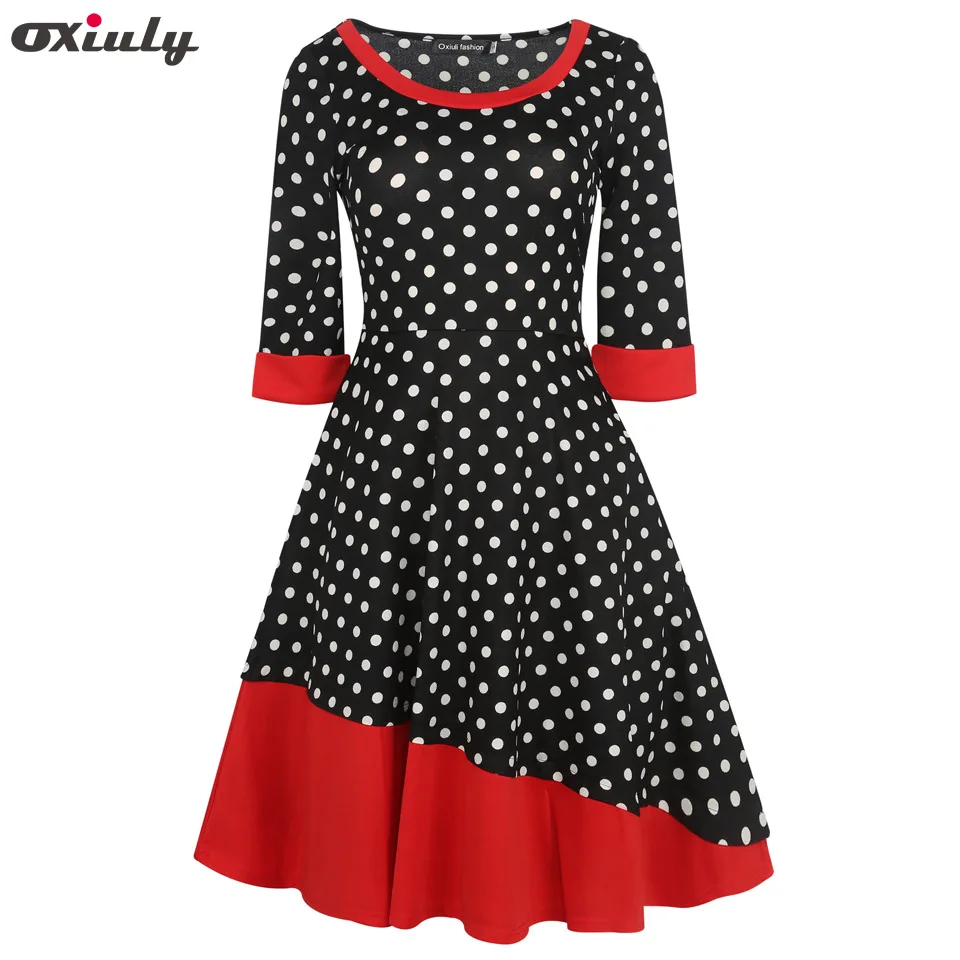 Oxiuly Autumn Dresses Women Polka Dot Print 1950s Style Tunic Pinup