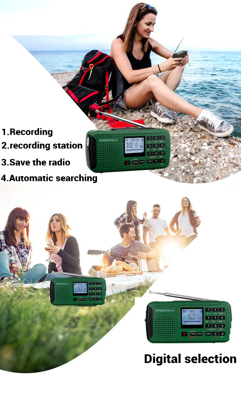 Retekess HR11S аварийное радио Рукоятка радио на солнечных батарейках FM/MW/SW Bluetooth MP3 цифровой плеер Регистраторы Портативный