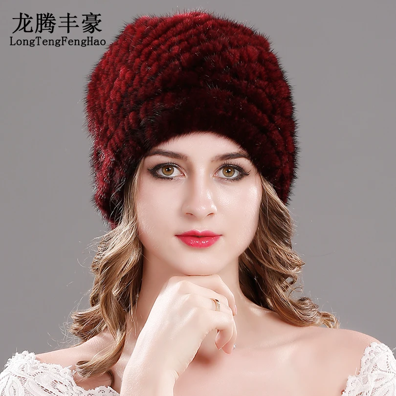 

Real Mink Fur Hat Women Winter Fur Hat with fox fur ball elastic Knitted wool hat beanies female cap for Russian Genuine fur cap
