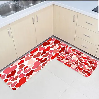 

2 Piece Kitchen Mats and Rugs Set Red Love Hearts Home Decorate Non Skid Bedroom Living Room Doormats
