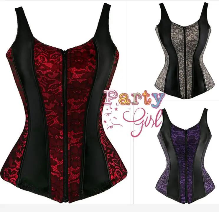Plus Size Brocade Overbust Corset Vest Gothic Lace Zipper Corsets and