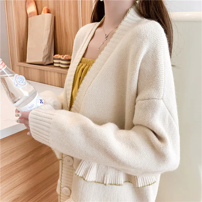 

Autumn Women Oversized Cardigan Sweaters Ruffle Hem Design Soft Knitwear V-neck Textured Knitted Cardigans Woman Wool Sweater
