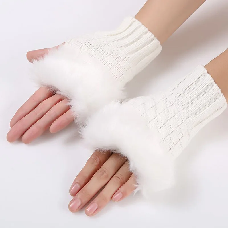 NDUCJSI меховые митенки без пальцев Зимние перчатки для женщин теплая шерсть трикотажная отделка перчатки полосатые рукавицы перчатки для девочек черный, хаки, белый