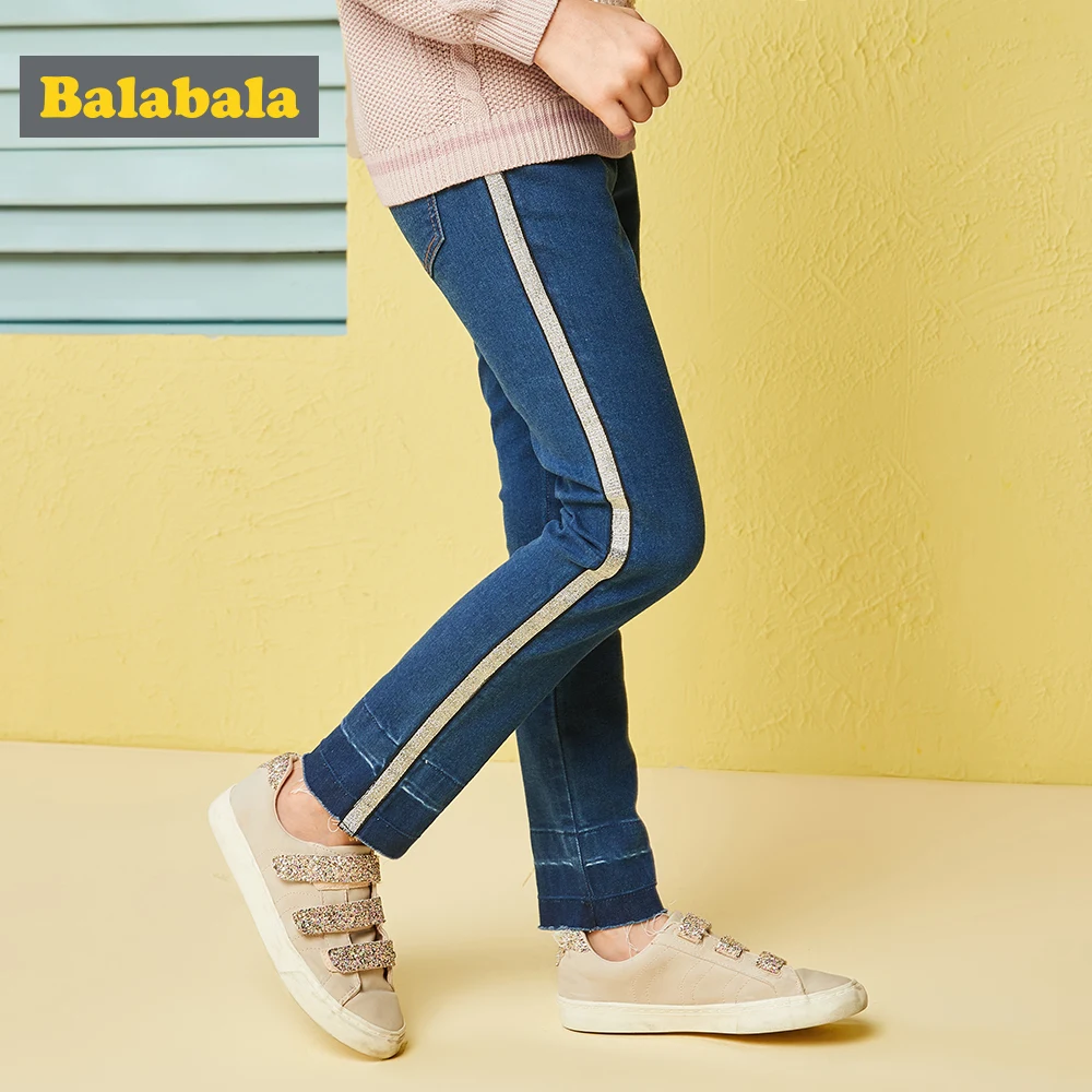 Balabala/Узкие хлопковые джинсы для девочек, потертые джинсы с полосками по бокам, Джинсы без застежки с необработанным краем и эластичной резинкой на талии для девочек-подростков