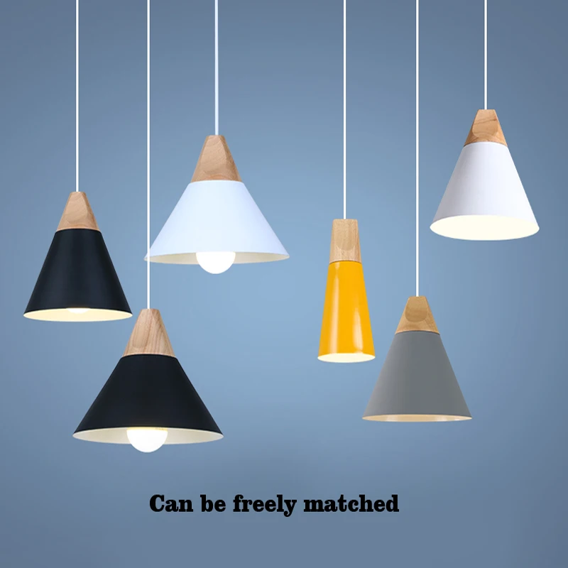 Comprar Luces colgantes de metal de madera colorido E27 led lámpara colgante 7 colores diseño nórdico luces colgantes decoración de comedor cuerda luz led