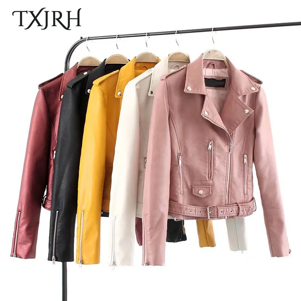 Buy TXJRH Fashion Faux Leather PU Jackets Candy Colors