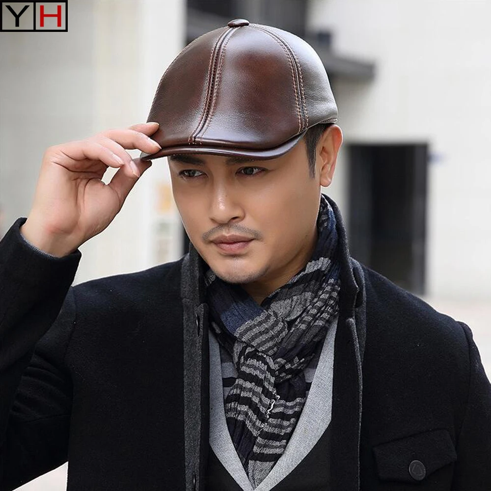 Fashion Genuine Leather Duckbill Flat Cap Autumn Winter Warm Ear