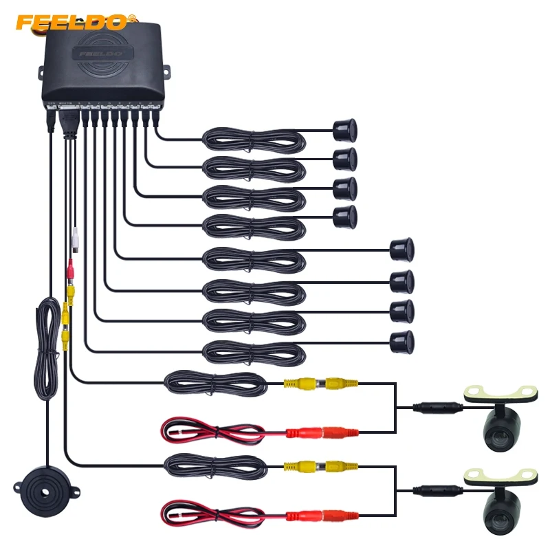 FEELDO 1set Car 8-Sensor Parking Sensor +2pcs 16.5mm Mini Camera Dual Visual Rearview Video Radar System #AM923 | Автомобили и