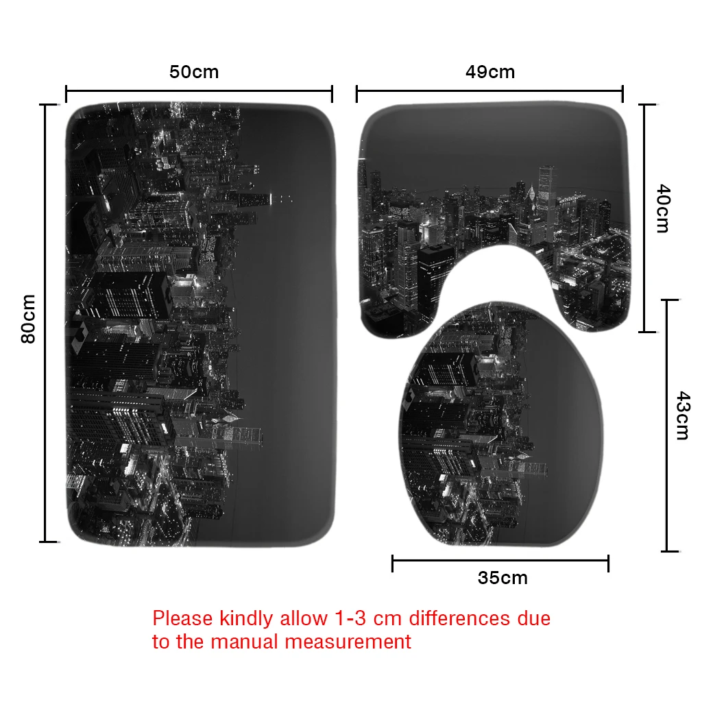 3pcs Bathroom Mat Sets Black And White City Night Pattern Bath Mat
