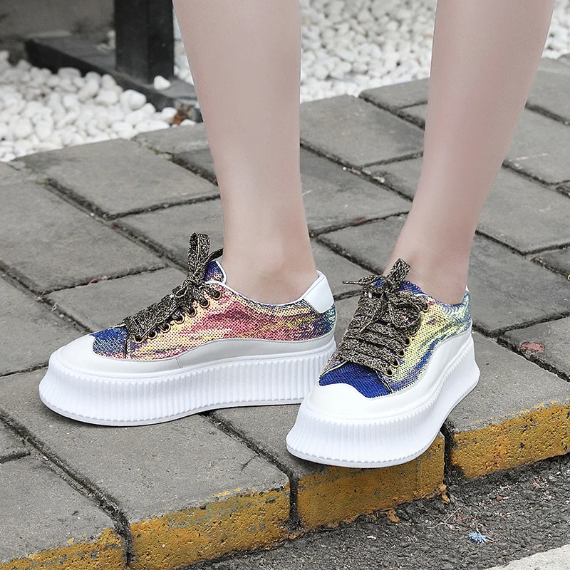 

VALLU 2019 Women Summer Flat Platform Shoes Lace Up Women Colorful Sneakers Shoes Lady Round Toes Casual Shoes