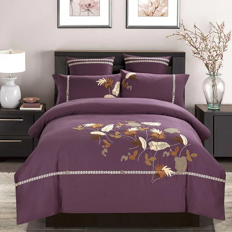 

100%Cotton Embroidery Grace Violet Leaf Bedding Set Duvet Cover Bed sheet Pillowcase Bed Linen Bedclothes King Queen 4pcs