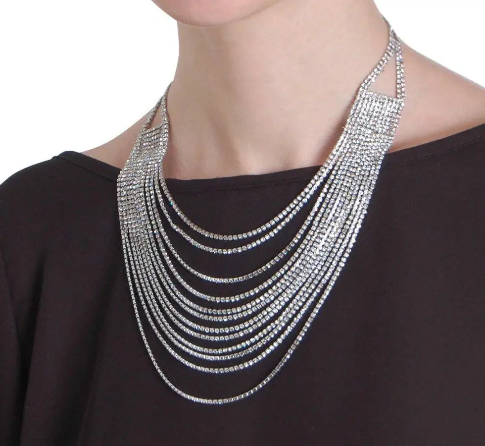 

Women Layered Statement Necklace Waterfall Simulated Diamond CZ Crystal Multi Strand Chain Fashion Jewelry Collar Tassel Choker