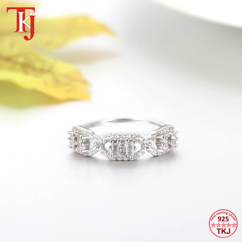 

TKJ Elegant Women 925 Sterling Silver Setting CZ Zircon Wedding Ring Pave Setting Baguette Zircon Cuff Ring Wedding Jewelry