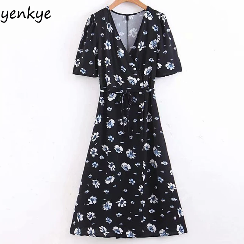 

2019 Women Prairie Chic Floral Print Dress Elegant Lady V Neck Short Sleeve Sashes Midi A-line Holiday Summer Dress LJPZ8984