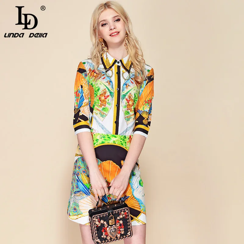 

LD LINDA DELLA Summer Fashion Designer 2 Two Pieces Set Women's Short Sleeve Printed Blouses + Casual Mini Skirts Sets Suits