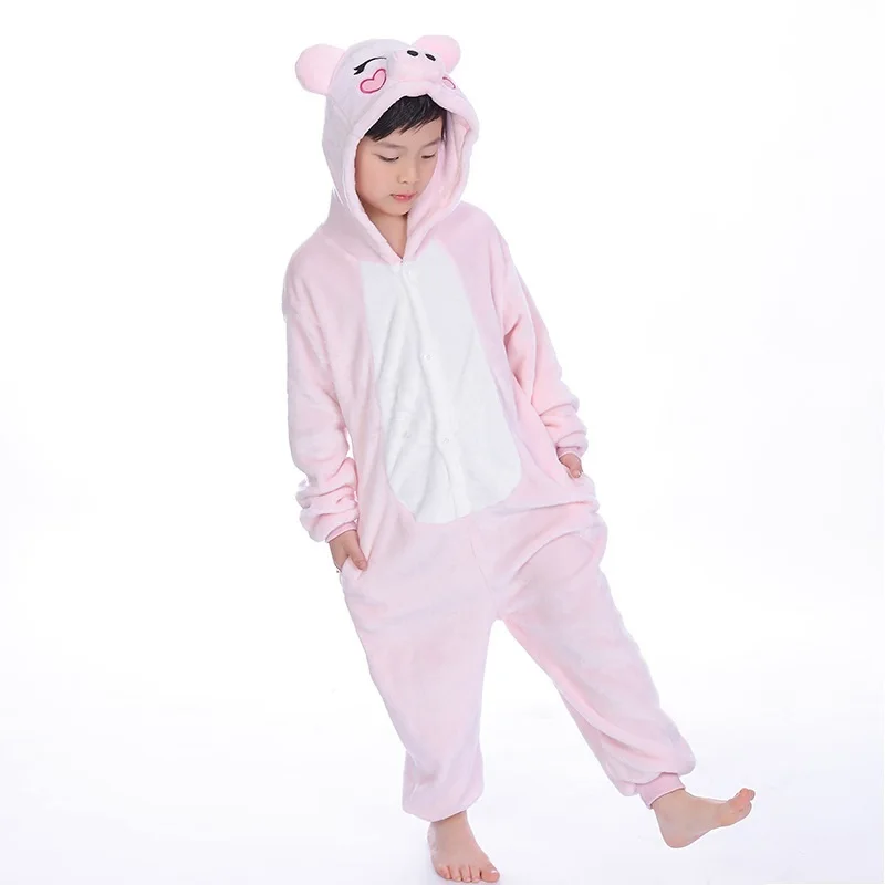

New Flannel Sweet Animal Kids Girls Boys Pajamas Set Baby Hooded Pink Pig Cartoon Cosplay Pyjamas Soft Children Sleepwear Onesie