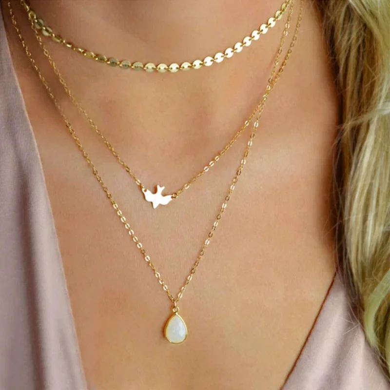 

Fashion Round Sequins Multi-layer Choker Chain Necklace Handmade Pigeon Bird Droplet Pendant Necklace Women Collares Jewelry