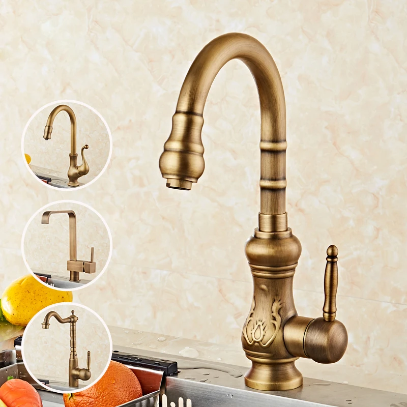 Kitchen Sink Faucet Retro Style Antique Solid Brass Hot Cold Water Single Lever Deck Mounted Brushed Mixer Tap Rotatable