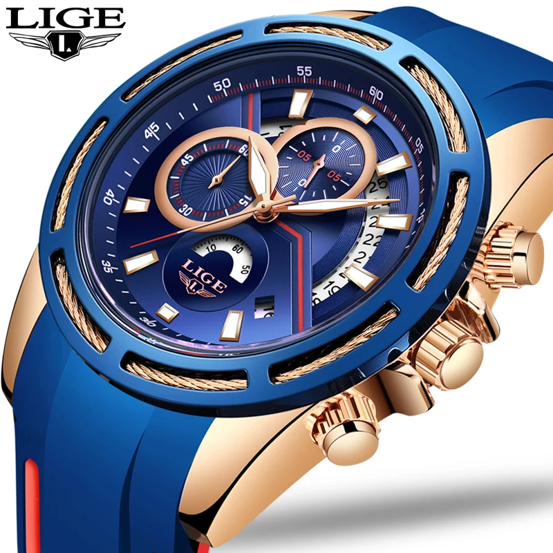 

Relogio Masculino 2019 LIGE Mens Watches Silicone Strap Top Brand Luxury Waterproof Sport Chronograph Gold Quartz Wristwatch+Box