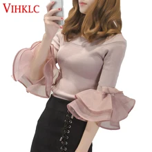 Vihklc Новая Женская Осенняя футболка С симпатичным бантом рукав «фонарик» вязать футболка с вырезом лодочкой три четверти рукав полосатый однотонный топ, T430