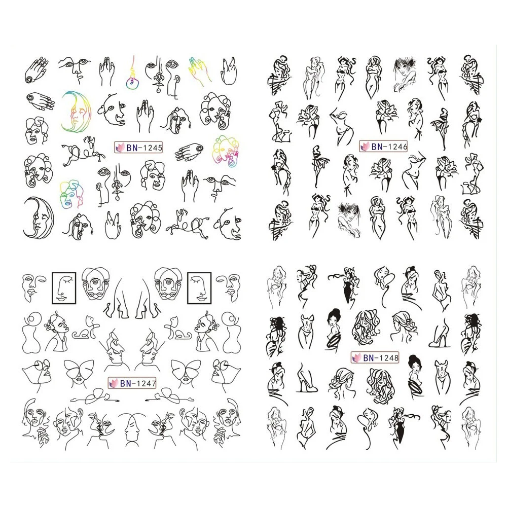 12 نوع مسمار المياه ملصق الأسود Coloful مجردة صورة يمكنك نقل المياه مسمار ملصق الديكور مانيكير نمط أداة BN1237-1248