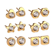 2016 New Arrival 6Pairs Various Shapes Stainless Steel Earrings Set Cubic Zirconia Stud Earrings Nickel free