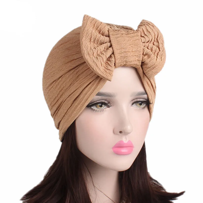 Bow Tie Hood Bubble Cotton Ladies' Caps Muslim Women's Elegant Pleated