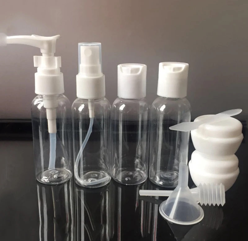 

Portable Transparent Travel Cosmetic Bottle Points Bottling nine Sets Plastic Material Long mouth pressure bottle spray