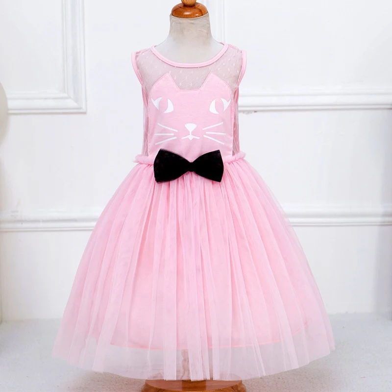 

Summer Girl Sleeveless Cartoon Cat Bow Party Dresses one Piece Tulle Daily Dress