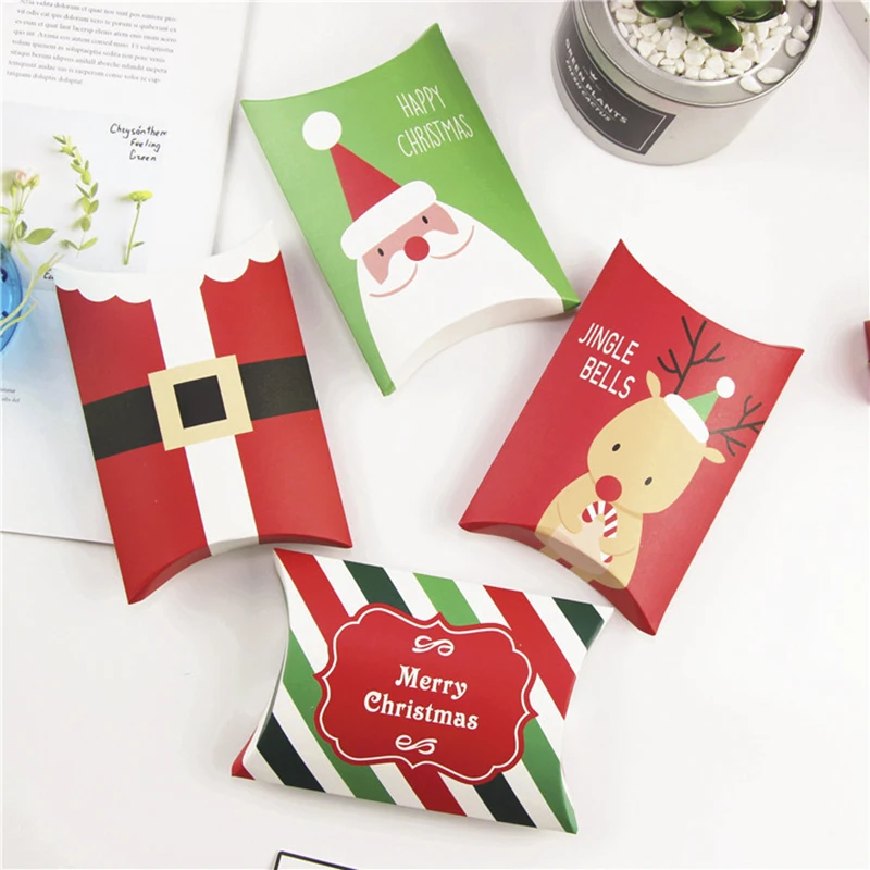 

5pcs Pillow Shape Christmas Gift Boxes Paper Santa Claus Candy Box Handmade Cookies Box New Year Party Favors Packaging Decor