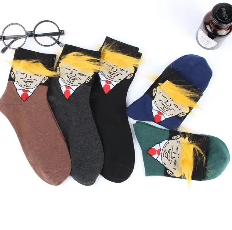 

american president donald trump portrait unisex cotton christmas socks stockings hoses with 3D artificial fake hair