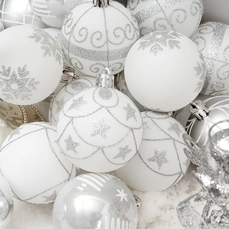 24pcs 6cm silver kawaii drawing christmas hanging balls xmas ornaments bauble ball home party wedding supplies decorating balls