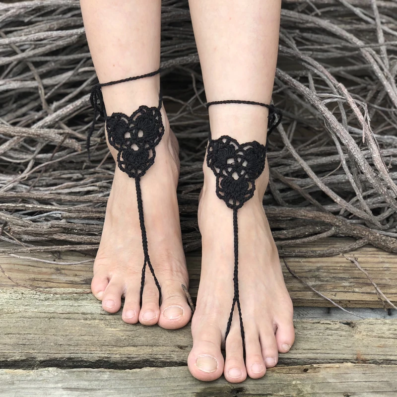 1 Pairs Trendy Handmade Crochet Barefoot Sandals Beach Yoga Anklet Jewelry Geometric Pattern Bridal Wedding Anklet Accessories