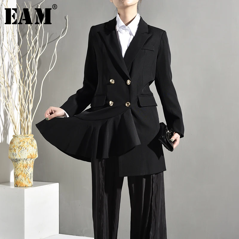 

[EAM] 2019 New Spring Autumn Lapel Long Sleeve Ruffles Irregular Split Loose Long Temperament Jacket Women Coat Fashion WF5670