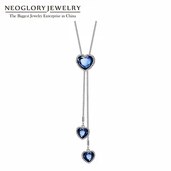 

Neoglory Austria Crystal Blue Heart Necklaces Sweater Chain Necklace Long Crystal Fashion Necklace&Pendant Jewelry New Gift MS