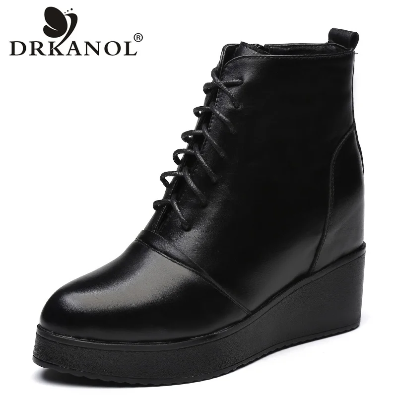 

DRKANOL Height Increasing Ankle Boots Women PU Leather Pointed Toe Platform Heel Warm Shoes Women Winter Wedge Boots New Black
