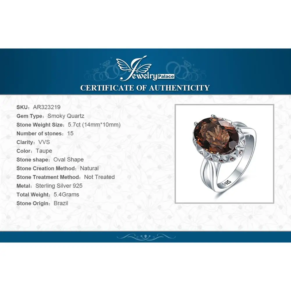 JewelryPalace 5.7ct Овальный Форма создан дымчатый кварц Solitaire коктейльное кольцо 925 пробы серебро Чай Хрустальный Цветок обручальное кольцо
