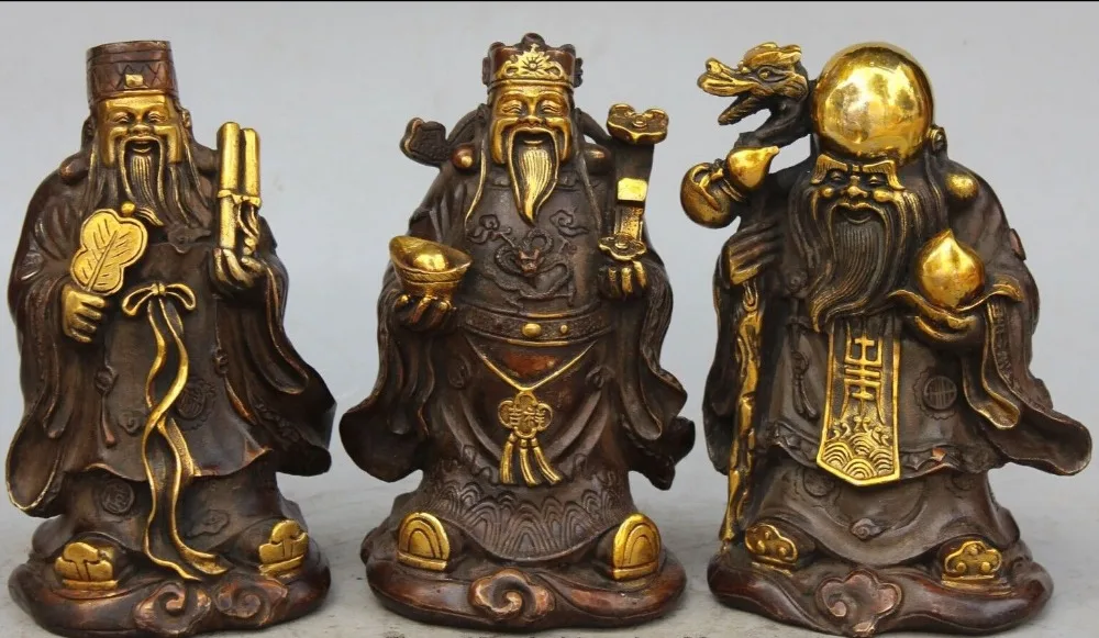 

wan67104033+++8" China Bronze 3 Longevity God Dragon Fu Lu Shou fukurokuju Ruyi Full Set
