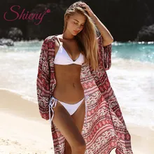 

Shieny 2018 Plus Size Ladies Beach Cover Up Vintage Chiffon Print Cardigan Loose Tunic Bathing Suit Cape Swimsuits Women Summer