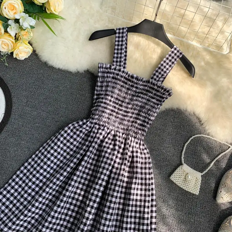 Slim Ladies Ruffles Vintage Plaid Print 2020 Sexy Summer Midi Dress Party Spaghetti Strap Women Casual Beach Elegant Vestidos