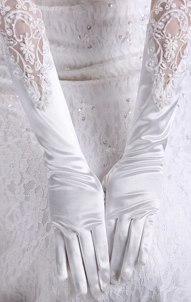Long design white red satin bow lace bridal gloves wedding gloves full