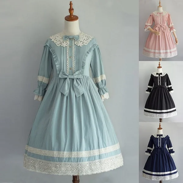 

Plus Size Women Fashion Bow Sweet Princess Dress Gorgeous Puff Long Sleeve Dress Cosplay Classic Retro Lolita Dress Beach Party