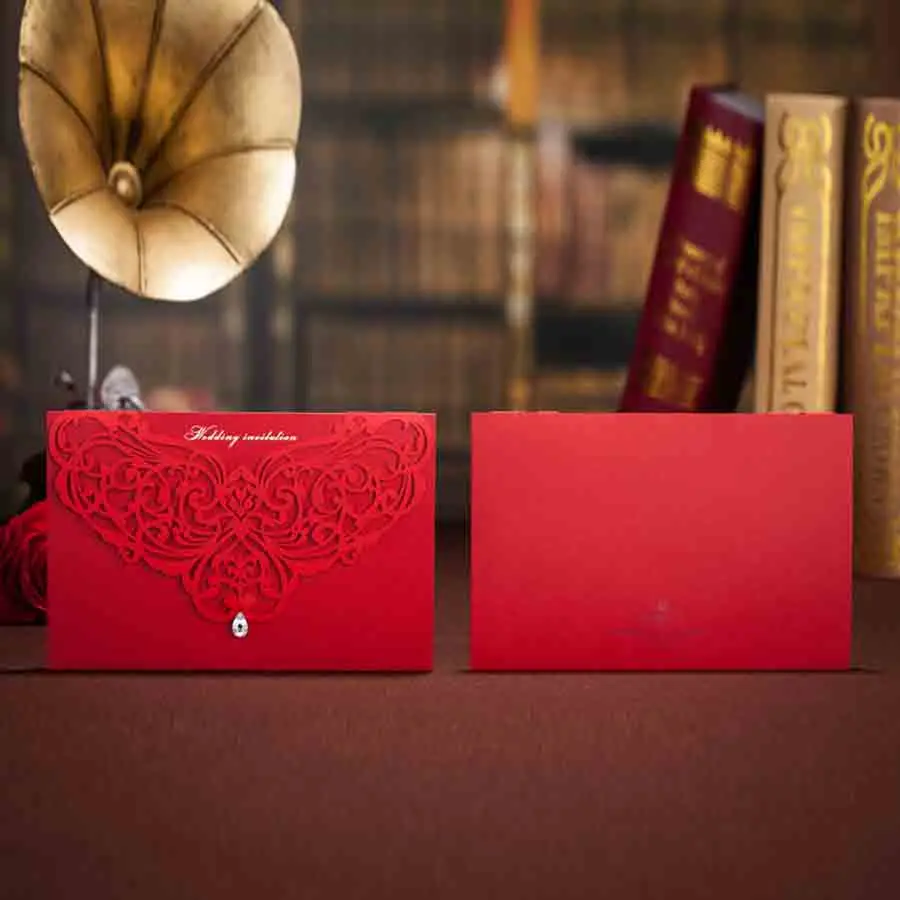 

Wishmade 1pcs Sample Laser Cut Wedding Invitations Red Chinese Style Classic Design Cardstock with Envelope for Bridal Shower