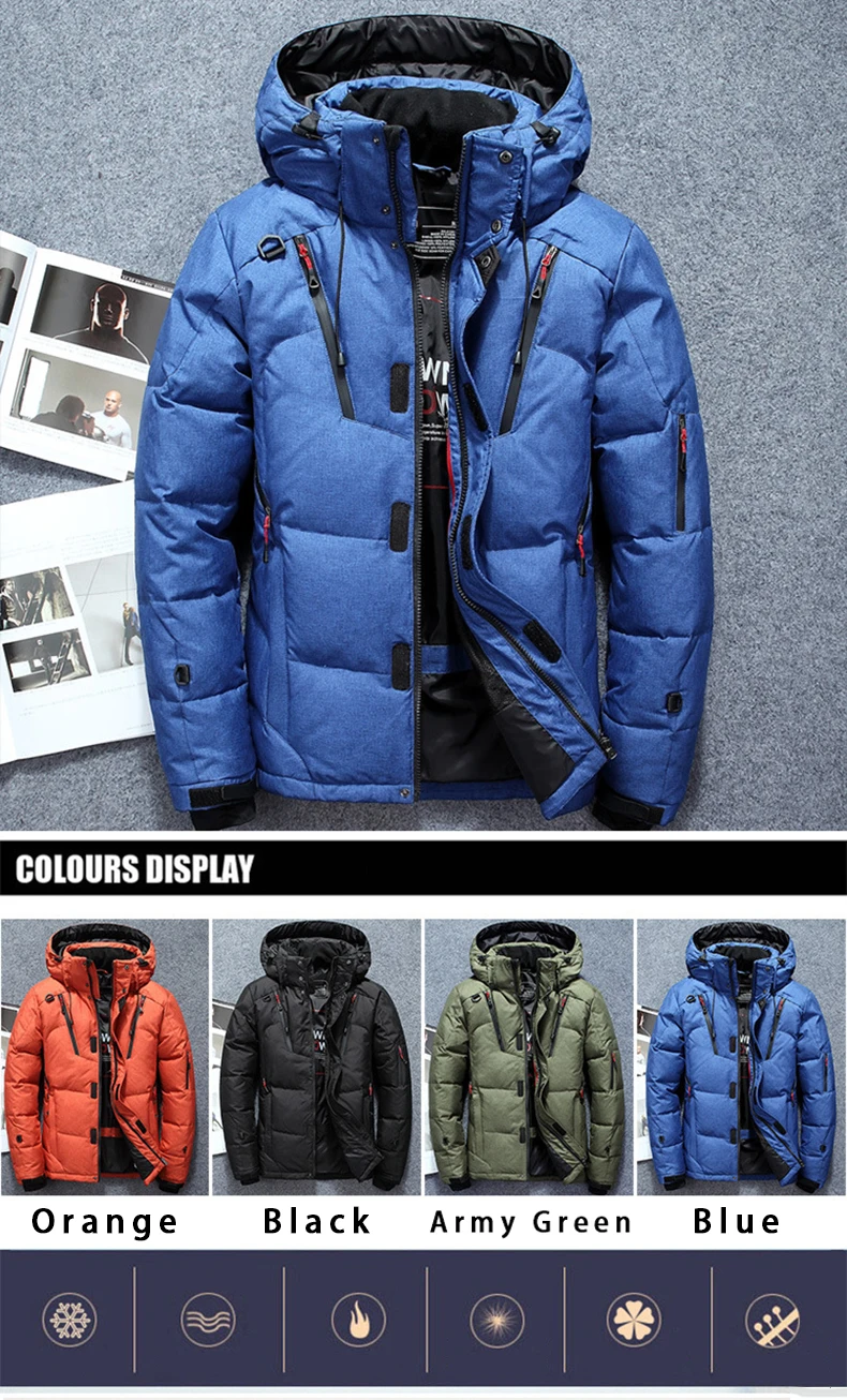 Novo High Quality Winter Warm Thicken Solid Men's Hooded Parkas Casual Male Slim Zipper Pocket Down Coat Jackets(50% WDD