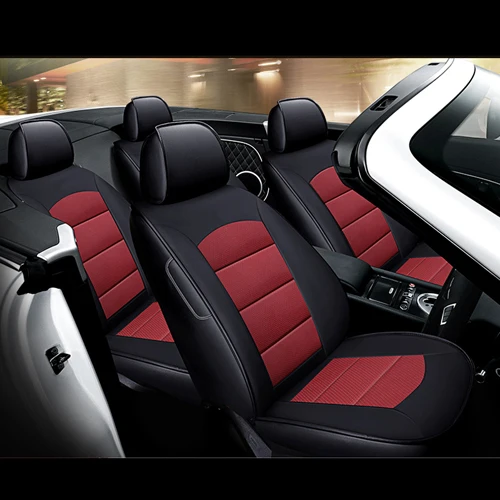 AUSFTORER чехлы из натуральной кожи под заказ для Volkswagen VW EOS 2007-2011 Чехлы для автомобильных сидений передние и задние аксессуары - Название цвета: Black X  Red