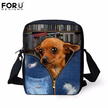 

FORUDESIGNS Denim Animal Chihuahua Print Canvas Messenger Bags Women Handbags Cute Library Cat Female Satchel Bag Belt Shoulder